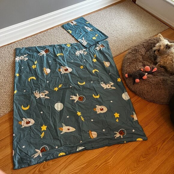 Crib Toddler Bed Duvet Cover and Pillow Case Blue Space Astronauts Stars - Picture 2 of 7